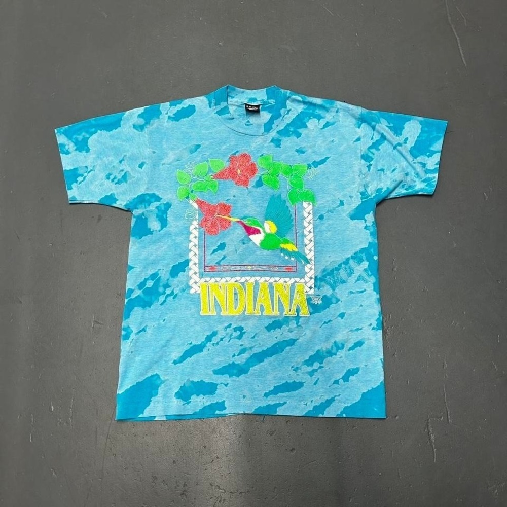 Vintage 90s vibrant tie dye single stitch hummingbird Indiana tshirt